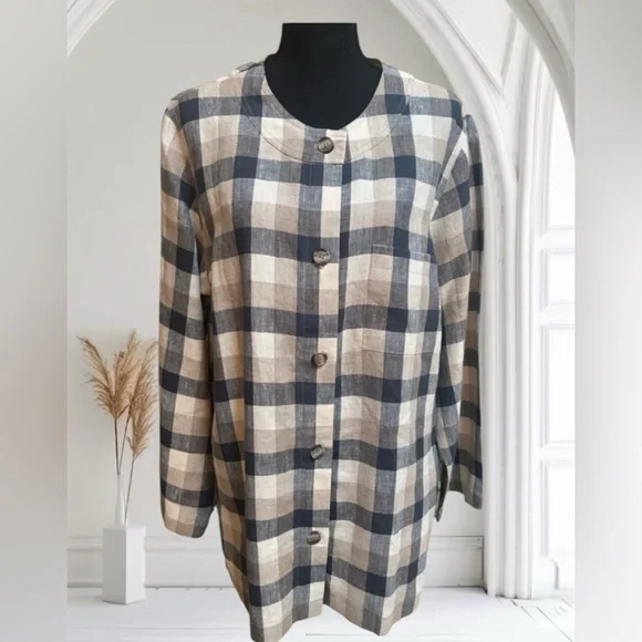 ORVIS 100% IMPORTED LINEN CASUAL CLASSIC BLUE&TAN PLAID BLAZER JACKET SZ 14 - Picture 2 of 14